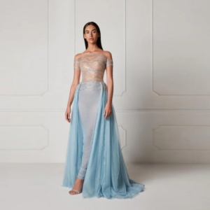 Sexy Dubai Sky Blue Party Dress Sheer Tulle Prom Gowns Lace Beaded Off The Shoulder Gorgeous Special Occasion Formal Dresses