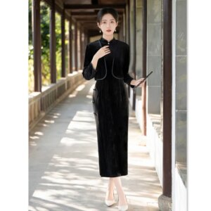 Fashion Improvement New Chinese Style Long Shawl Two-Piece Cheongsam Qi Pao Autumn National Skirt