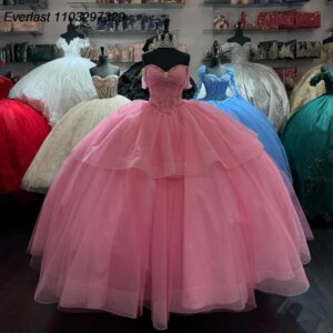 EVLAST Customized Pink Quinceanera Dress Ball Gown Sequins Applique Beading Tiered Bow Corset Sweet 16 Vestido De 15 Anos QD1055