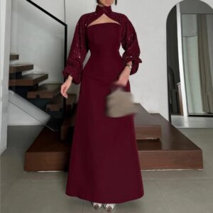 Customized A-Line Prom Dresses Ankle-Length High-Neck Full Sleeve Evening Dresses Simple Draped Fashion sparkle Sequined