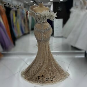 Luxury Champagne Mermaid Formal Party Dress with Silver Crystal Tassels Arabic Woman Appliques Leaves 3D Wedding Evening Gowns