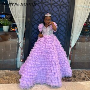 EVLAST Customized Purple Flower Girl Dress For Weddings Tiered Ruffles Little Girls Pageant Birthday Party Communion Gown FD80