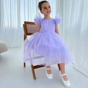 Flower Girl Dresses Purple Tulle Puffy With Zipper Short Sleeve For Wedding Birthday Party Banquet Holy Communion Gowns