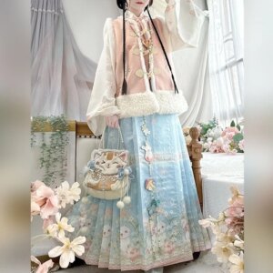 Adult Girlfriends Women’s Han Chinese Clothing Ming Embroidered Crew Neck than Nail Fleece-lined Horse-Face Skirt  Winter New