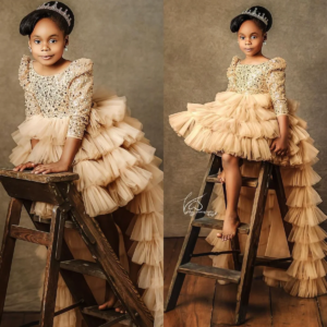 High Low Sequined Flower Girl Dress Champagne Tulle Shiny Ruffles Kids Birthday Party Dress Girl Pageant Gowns