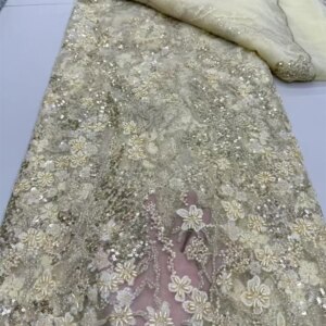 Gold Lace Wholesale African Net Lace with Sequins & Beads,高品质 Embroidered French Tulle Lace for Fashion Dresses Q283-1