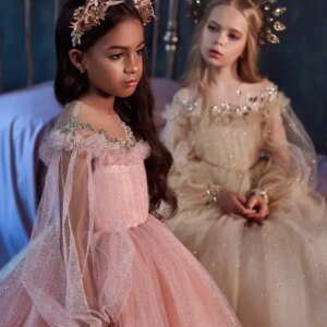 Pink Mini Quinceanera Dresses Long Sleeves Tulle Appliques Flower Girl Dresses For Weddings Pageant Dresses Baby Customized