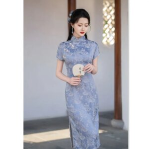Fashion and Young Girl’s Silk-like Jacquard Mid-Length Short Sleeve Robe Qi Pao Spring Summer Daily College Style Cheongsam