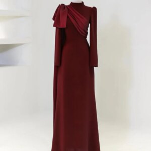 Burgundy Islamic Prom Dresses With Long Sleeve Crystal Satin Ruffles High Neck Muslim Evening Party Dresses Women robe de soirée