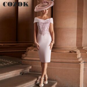 Lace Knee Length Mother Of The Bride Dress Graceful Satin Off Shoulder Wedding Guest Gown Tailleur Mere De La Mariée Custom BW12