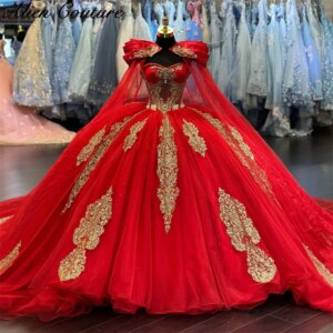 Luxury Red Quinceanera Dress Birthday Party Gown Appliques Diamonds Sweet 15 Years Girl Vestidos With Detachable Cape Customize