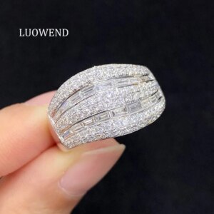 LUOWEND 100% 18K White Gold Rings Luxury Design Real Natural Diamond Engagement Ring for Women Senior Banquet Fine Jewelry