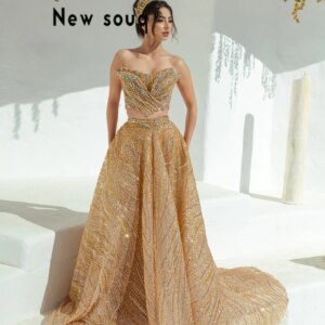 Arabic Gold Glitter Evening Dresses Luxury Dubai Women Wedding Prom Dresses A Line Customized 2025 Two Piece Party Gowns Robes