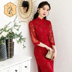 Women’s elegant Chinese style cheongsam standing collar seven-point sleeve dinner dress