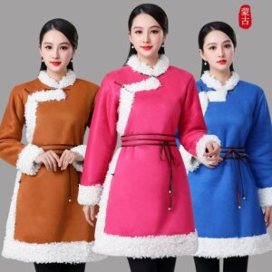 Mongolian Clothing Women’s Cotton-Padded Mid-Length Modern Improved Robe Autumn and Winter New Fur Integrated Warm Coat