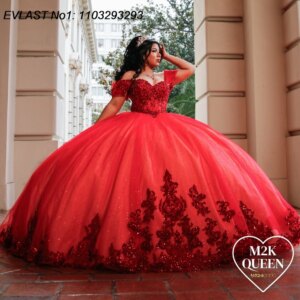 EVLAST Customized Sparkly Red Quinceanera Dress Ball Gown Lace Applique Beading Mexico Corset Sweet 16 Vestido De 15 Anos E1Q515