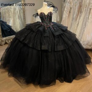 EVLAST Customized Black Quinceanera Dress Ball Gown Applique Crystal Beaded Tiered Corset Sweet 16 Vestido De 15 Anos TQD999