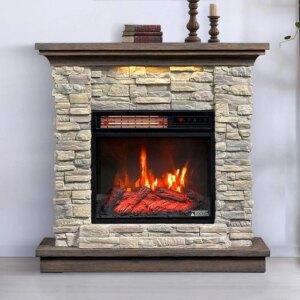Wall Mantel Electric Fireplace with Remote Control, Smoky Gray Stone