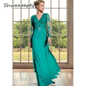 Elegant Mother Dress For Wedding Party Hunter Long Sleeves Lace V-Neck Satin Formal Gown Mother Of The Bride Dresses Customized