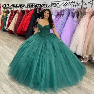 EVLAST Customized Dark Green Quinceanera Dress Ball Gown 3D Floral Applique Beading Corset Sweet 16 Vestidos De 15 Anos SQ563