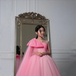 Elegant Flower Girl Dresses for Wedding With Bow Tulle Ribbon Tea Length Girl Kids Birthday Party First Holy Communion Gowns