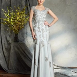 Silver Mother Of The Bride Dresses Mermaid Cap Sleeves Appliques Plus Size Long Groom Mother Dresses For Wedding Customized