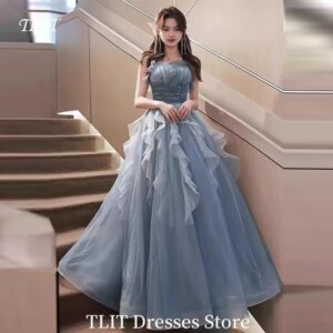 TLIT Haze Blue Strapless Evening Dresses Simple Detachable Tulle sleeves Prom Gown Photo Shoot Dresses Customized Corset Back
