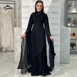 Customized Long Sleeve Black Evening Dresses A-Line Chiffon Pleated فساتين سهرة Watteau Train Prom Dress for Women