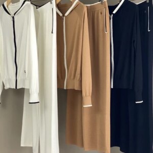 2025 New Women Silk Cotton Knitted Set Color Patchwork Elastic Waist Wide Leg Pants + Long Sleeve Hooded Cardigan Casual Suit