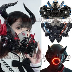 Novelty LED Cool Mask Mechanical Gloves Gauntlets Devil Horns Sci-Fi  Functional Wind For Punk Cos Mask Party Cosplay Costumes