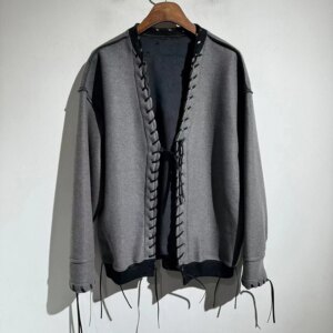 New men’s fashion casual lazy feeling furred edge compound fleece inside loose casual leather rope cardigan
