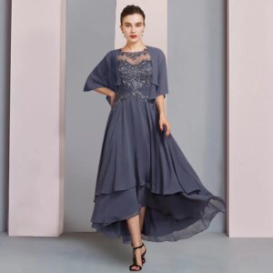 2025 Mother of the Bride Dress Formal Wedding Guest Elegant Scoop Neck Asymmetrical Tea Length Chiffon Lace Short Sleeve Wrap