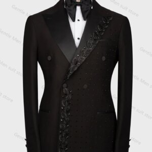 Luxury Beaded Men Suits Set Italian Design Custom Made Black Jacket 2 Piece Blazer+Pants Formal Business Groom Wedding Tuxedo