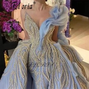 Vestidos De Festa Beaded Pearl Evening Dress with Overskirt Blue One Shoulder Formal Party Gown Arabian Dubai Vestidos de Noche