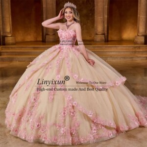 Pink Ball Gown Quinceanera Dresses With 3D Appliqued Lace Flowers Sweet 16 Dress Princess Mexican Vestidos De 15 Anos