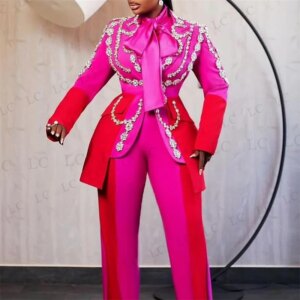 Stitching Women Suits 2 Pieces Onr Button Blazer Pants Peaked Lapel Diamonds Beads Plus Size Custom Made Mother Of The Bride