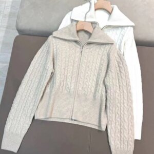 100% Cashmere Women’s Twisted Knitted Cardigan Spring 2025 Zipper Turn-down Collar Long Sleeve Casual Female Sweater