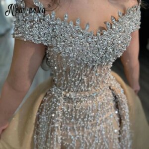 Vintage Gold Two Pieces Diamond Evening Dress With Overskirt Off Shoulder Beaded Lace Wedding Party Gown Formal Dress Customized