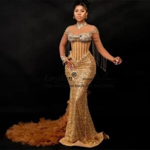 Customized Lace African Mermaid Prom Dress Long Sleeve Tassels Beaded Evening Dress Tulle Ruffles Court Train Party Gowns
