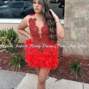 Red Luxury Short Prom Homecoming Dresses Sparkly Diamond Crystal Feather Birthday Party Gown robe de soirée de luxe 2024