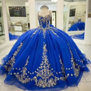 Royal Blue Princess Quinceanera Dresses Spaghetti Strap Applique Lace Beading Bow Tull Sweet 16 Dress Ball Gown Vestidos 15 Anos