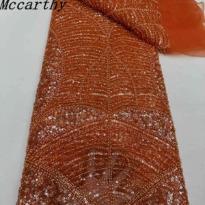 Red 5 Yards Luxury High-end Beaded Fabric Heavy Sequins Embroidery Fabric Fashion French Tulle Mesh Lace Fabric for Wedding