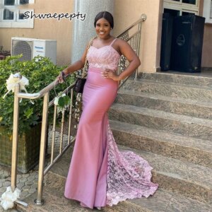 Stylish Pink Mermaid Prom Dress Spaghetti Straps Satin With Lace Long Elegant Wedding Party Gown Customized