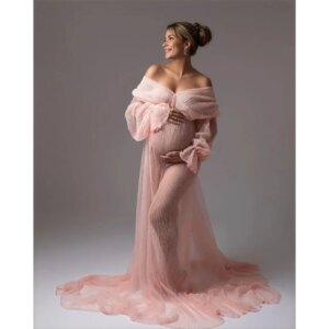 Off Shoulder Bespoke Occasion Dresses Long Sheer Tulle Maternity Dress for Photoshoot Pleated Pregnancy Gown for Photoshoots