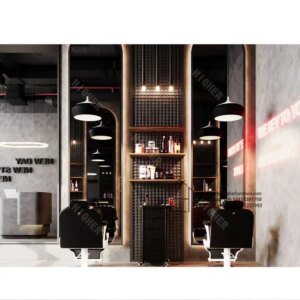 Innovative Barber Shop Design Professional Barber Shop Wood Display Cabinet Custom Chairs And Mirror Station For Barber Shop
