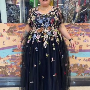 Tailor shop customizes blue V-neck gorgeous fluffy skirt three-dimensional flower dress heavy-duty dress