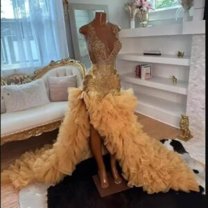 Gold Beaded Ruffles Mermaid Prom Dress For Black Girls Glitter Rhinestones Beads Birthday Party Gown vestidos de gala Customized