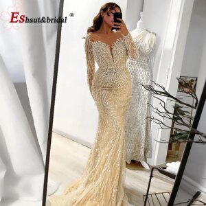 Elegant Mermaid Pearls Evening Dress for Women 2025 Luxury Muslim O Neck Long Sleeves Formal Prom Wedding Party Gowns Customized