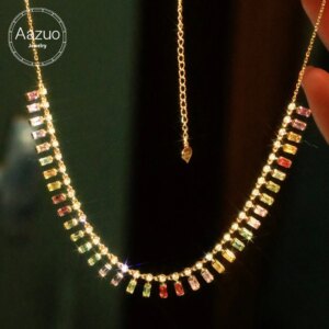 Aazuo 18K 750 Yellow Gold Real Diamonds Natural Different Color Sapphire Rainbow Wave Necklace Gifted For Women Birtthday Party