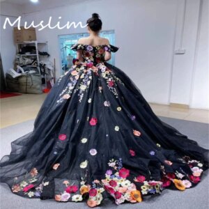 Charro Black Luxury Quinceanera Dress Off Shoulder Sparkle Mexican Sweet 15 Colorful Florals Birthday Vestidos De XV Customized